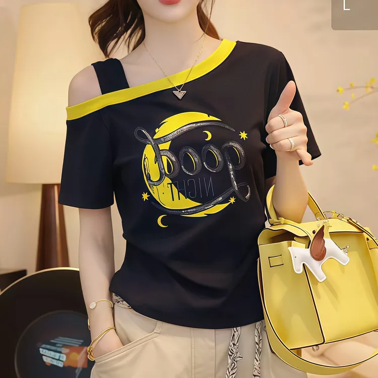 【氛围日记】夏季撞色假两件斜肩领时尚百搭短袖T恤上衣女2025显瘦