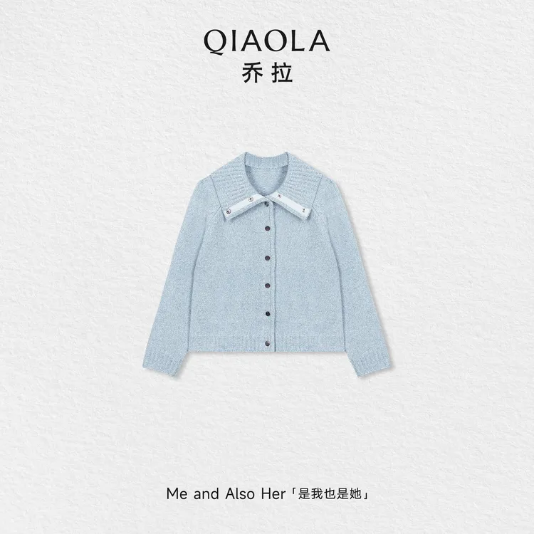 QIAOLA/乔拉【冬雪来信】秋冬羊毛糯米绒针织翻领纽扣开衫外套