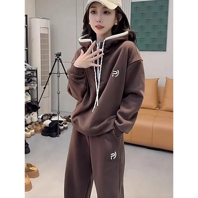 冬季加绒加厚套装女小个子时尚宽松连帽卫衣阔腿裤洋气秋冬两件套