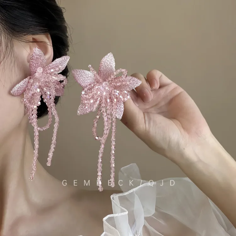 铜合金仿水晶耳饰 超仙甜美粉色花朵流苏耳钉氛围感气质夸张耳环