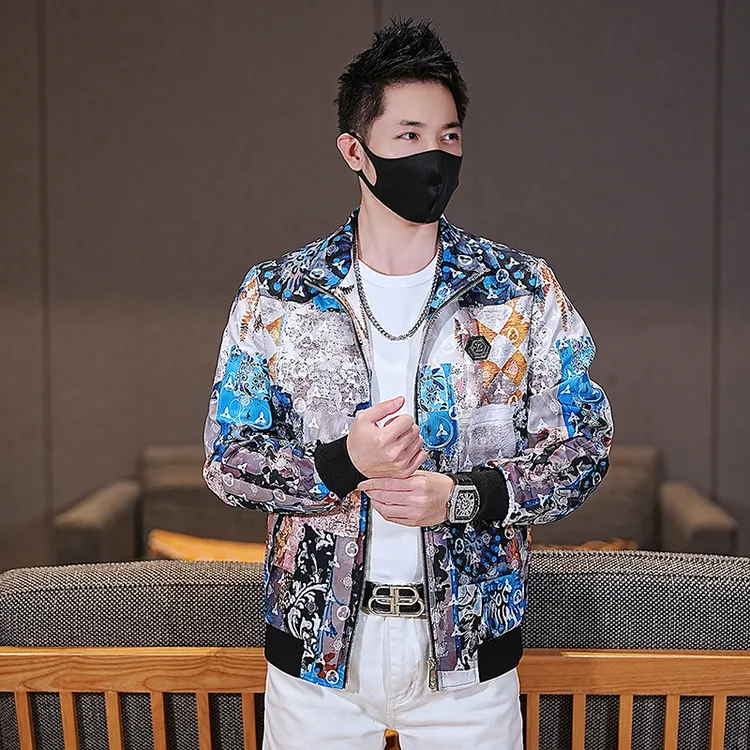 2025秋季潮牌薄款时尚数码印花夹克男士潮流个性帅气修身外套百搭