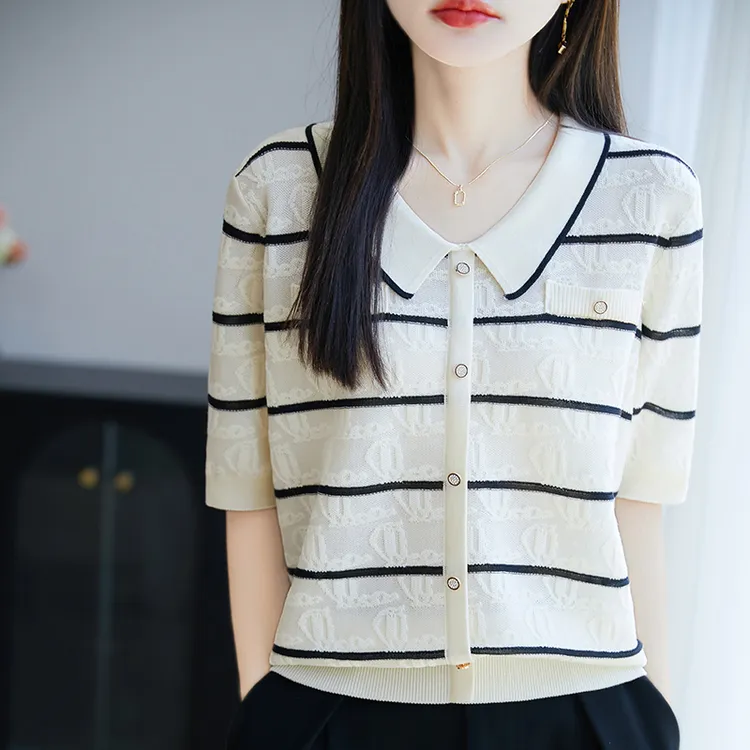 正品夏季薄款针织衫T恤女小香风百搭条纹翻领短袖上衣