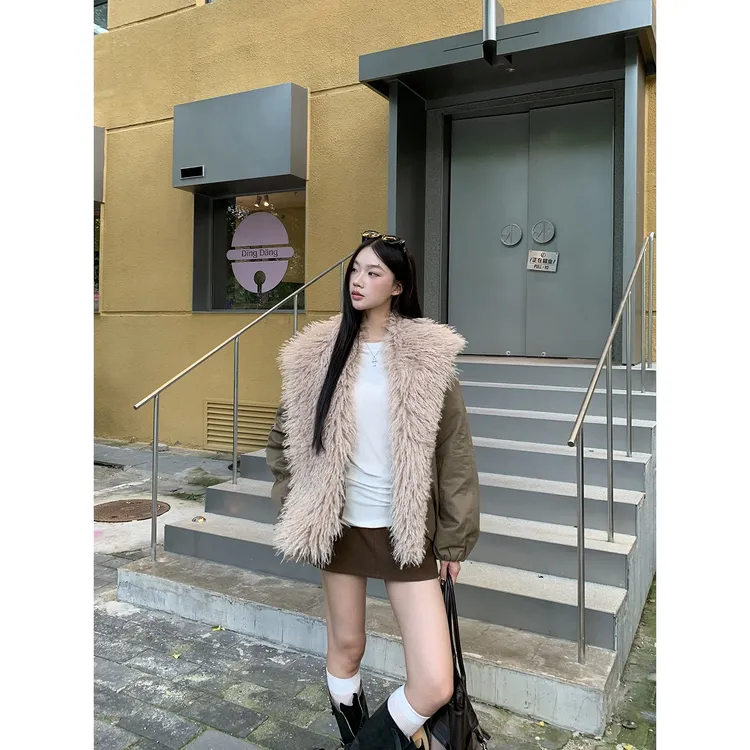 【冬末唱片】冬季毛绒大翻领宽松保暖休闲HD短外套254V3123