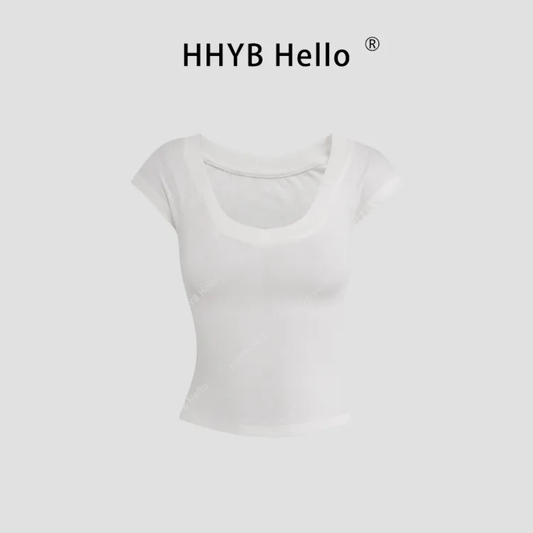 HHYB Hello凉感简约大V领T恤女2025春季新款休闲百搭上衣250309