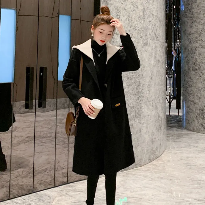 夹棉加厚撞色假两件秋冬韩版中长款长款气质毛呢连帽毛呢外套
