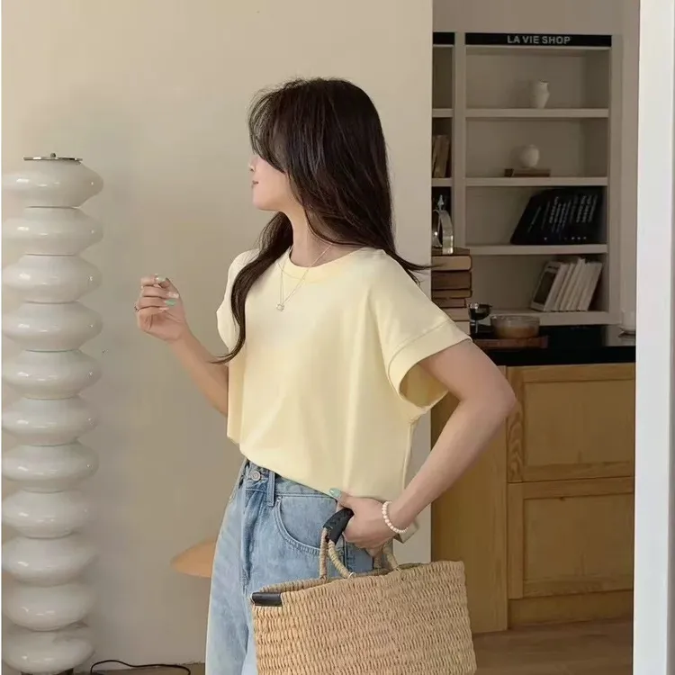 简约圆领短袖T恤女夏季新款百搭纯色上衣宽松