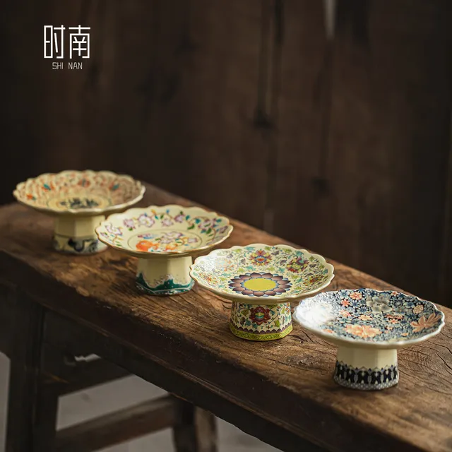 汝窑青花瓷高脚果盘茶点盘小号精致点心盘中式陶瓷水果糕点盘供盘