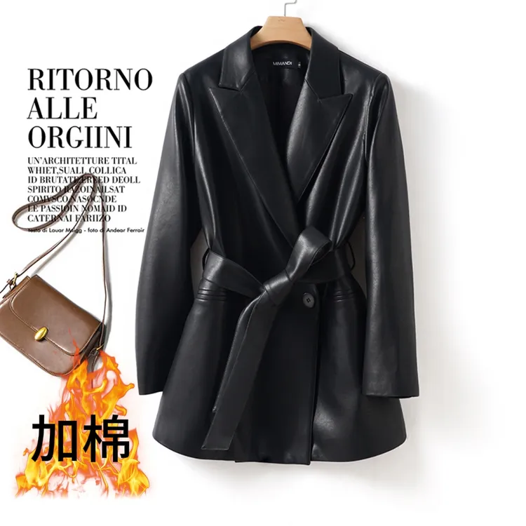 海宁真皮2025秋冬新款宽松皮衣女显瘦遮臀西装夹克加棉外套中长款