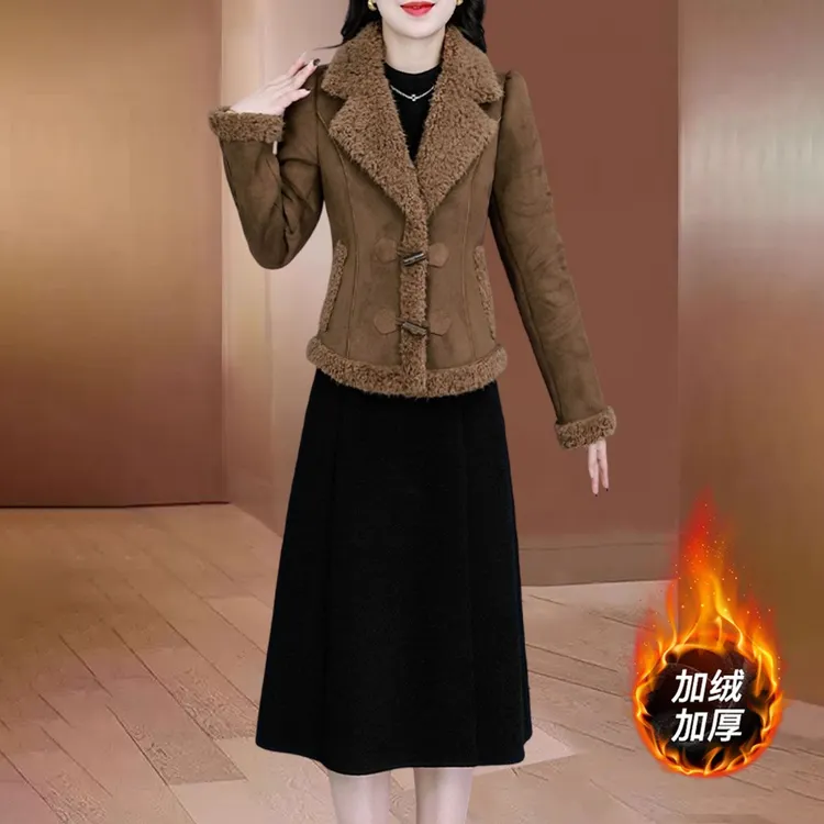 品牌美拉德气质高级感套装女2025秋冬新款加绒加厚小香风两件套裙
