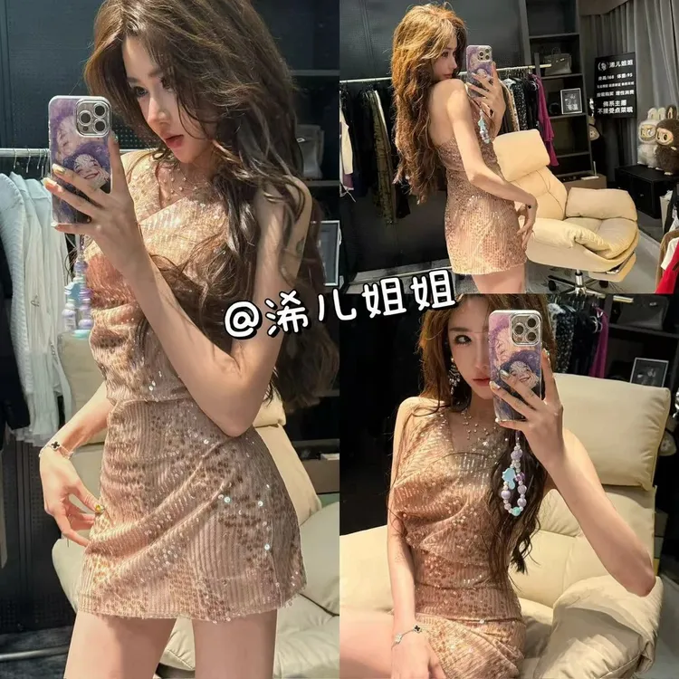 链条挂脖深V领无袖刺绣亮片性感露背连衣裙