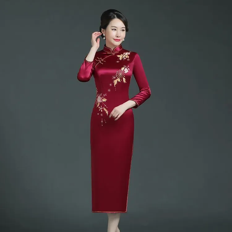 红色旗袍妈妈装婚宴长款复古气质长袖婆婆礼服女参加儿女订婚宴秋