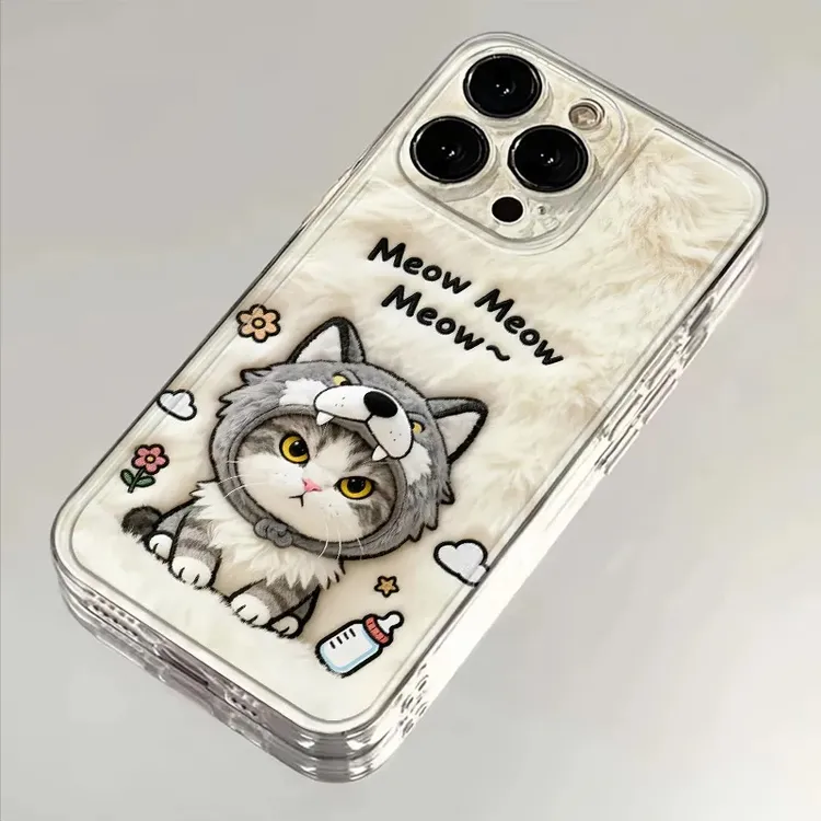 仿毛绒猫咪适用iphone17苹果16手机壳小米OPPO华为VIVO荣耀一加
