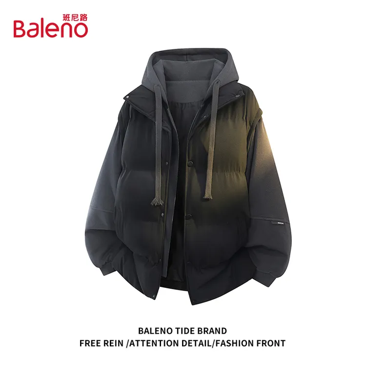 班尼路拼接假两件连帽棉衣男士秋冬季宽松加厚保暖情侣款棉服外套