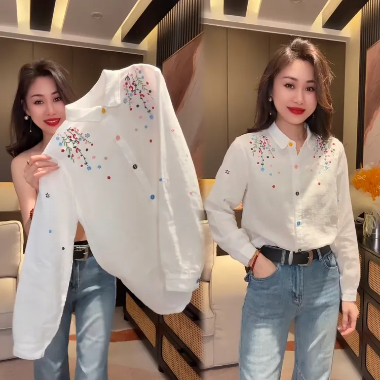 刺绣气质INS风设计感印花宽松型长袖小众绣花衬衫2025冬季新款