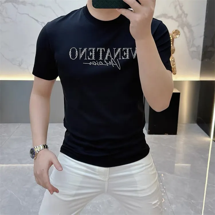 2025夏季新款欧货时尚字母烫钻修身弹力圆领丝光棉短袖T恤男半袖