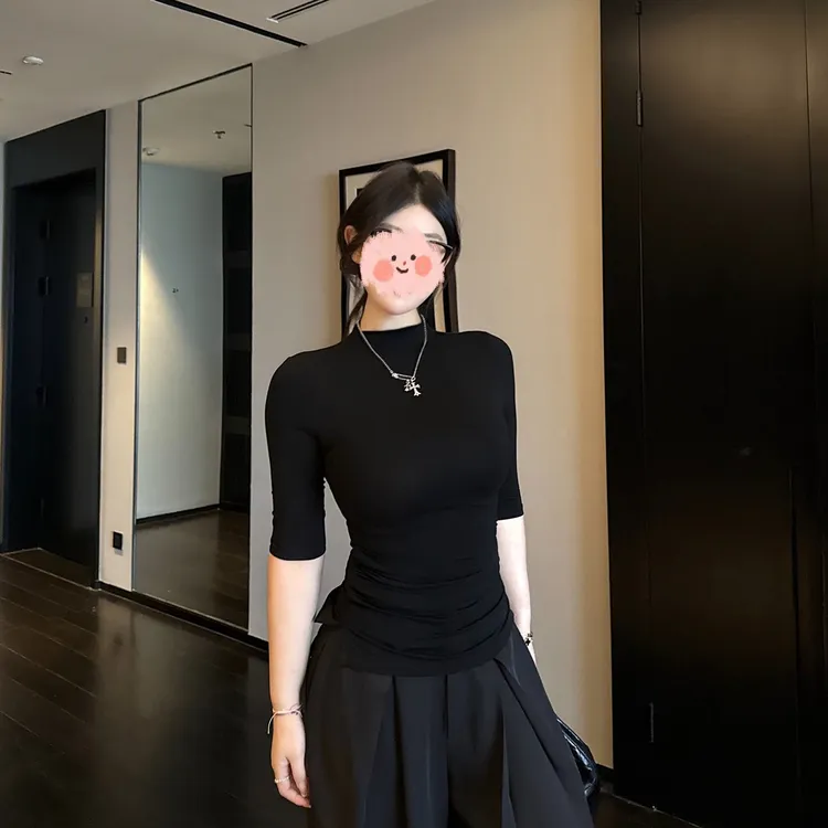 微胖mm大码法式秋季中袖T恤半高领堆褶收腰休闲百搭修身显瘦上衣