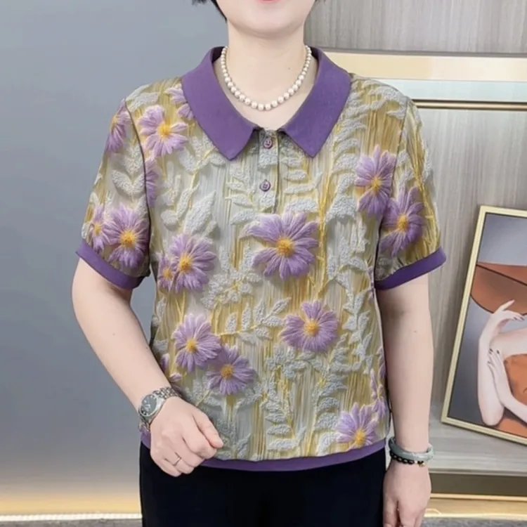 夏季新款时尚娃娃领洋气印花气质妈妈装休闲百搭薄款短袖上衣H352