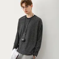 714street羊毛混纺毛巾料条纹长袖T恤秋冬情侣桑蚕丝上衣521113