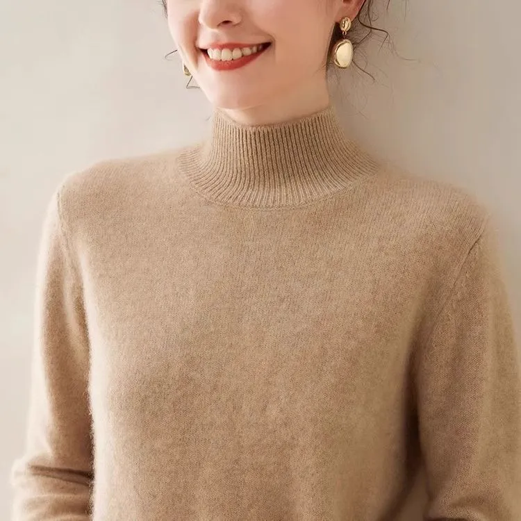 小禾同款~秋冬季半高领山羊绒修身针织打底衫立领羊绒衫咖色打底
