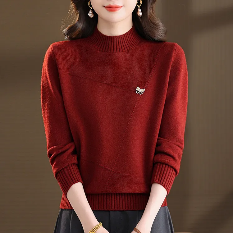 羊毛衫红色毛衣女秋冬2026新款中年妈妈冬季半高领针织打底衫上衣