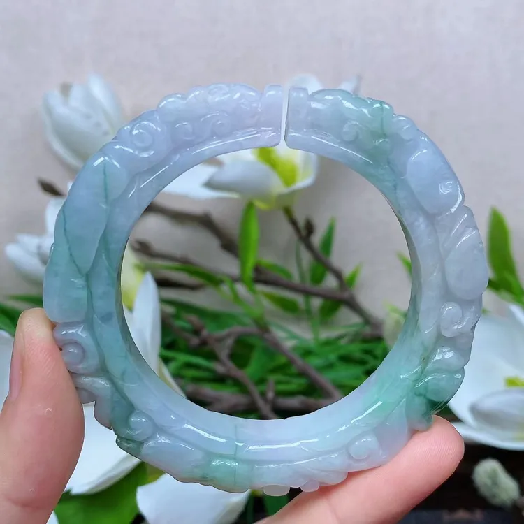 缅甸天然A货精雕双龙护主翡翠开口手镯51圈口