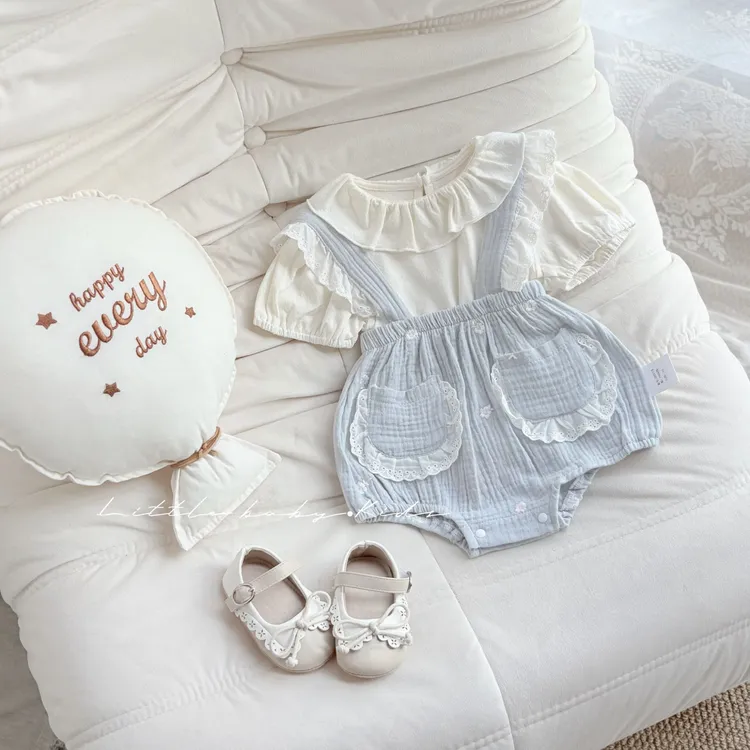 2025夏季新款婴幼儿韩版清新两件套女宝宝泡泡袖哈衣吊带包屁套装