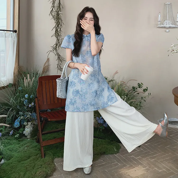 新中式国风上衣阔腿气质裤套装女2025夏季新款微胖爆款显瘦两件套