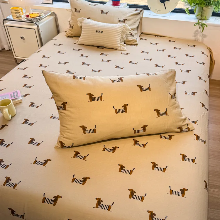 A类田园风腊肠狗纯棉100%全棉双层纱床单单件2025新款床笠三件套
