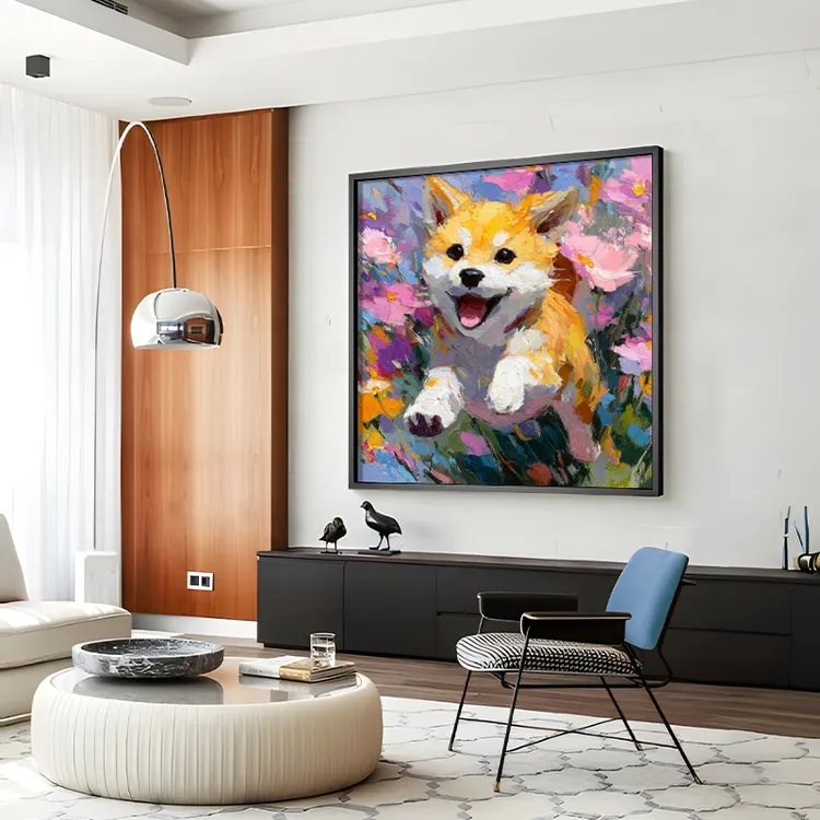 【盈浩】高级感手工肌理油画萌宠与花客厅沙发背景墙家居手绘装饰画