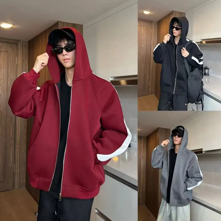 三七-【重磅高克重】秋季美式连帽卫衣男百搭休闲拼接运动开衫外套