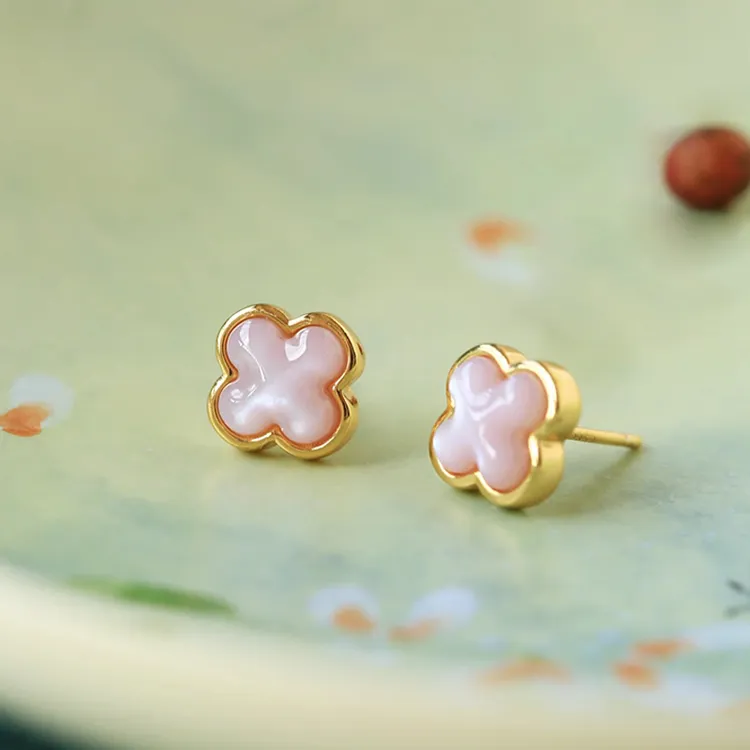 925银耳饰 小银匠贝母925银四叶草小耳钉女粉色花朵耳饰耳环