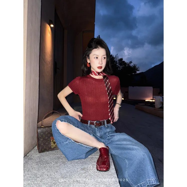 鹭青一原创【思渊】亚麻针织T恤女秋薄款微透短袖上衣 L25M9044G