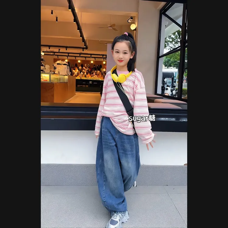 女童长袖条纹T恤套装2025新款牛仔裤两件套