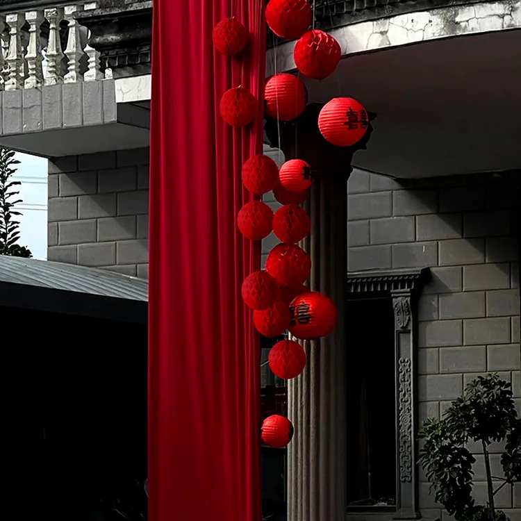 农村结婚院子装饰庭院布置别墅布幔订婚婚礼长条喜字拉花红色灯笼