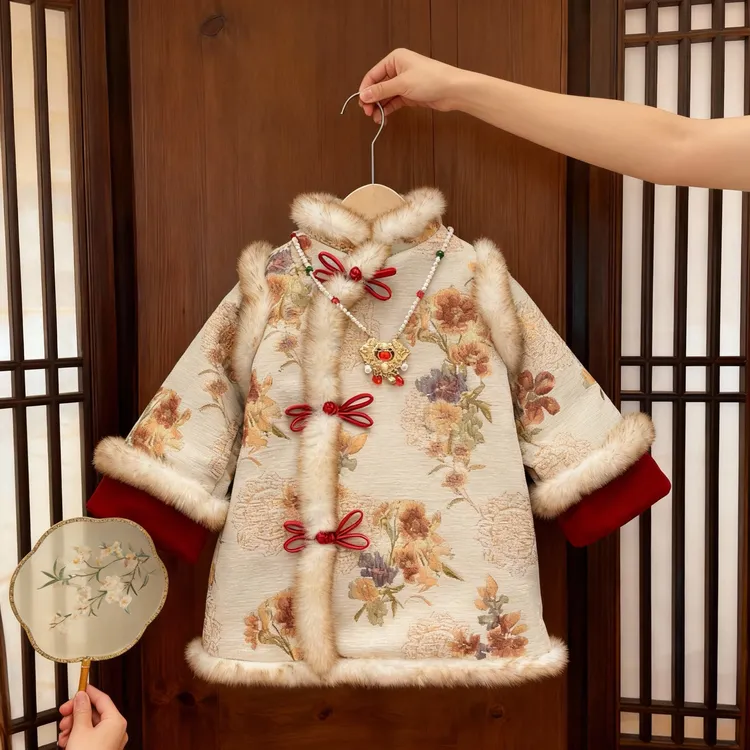 【现货】加绒旗袍汉服2025新款冬周岁礼服新年裙子女宝宝拜年服