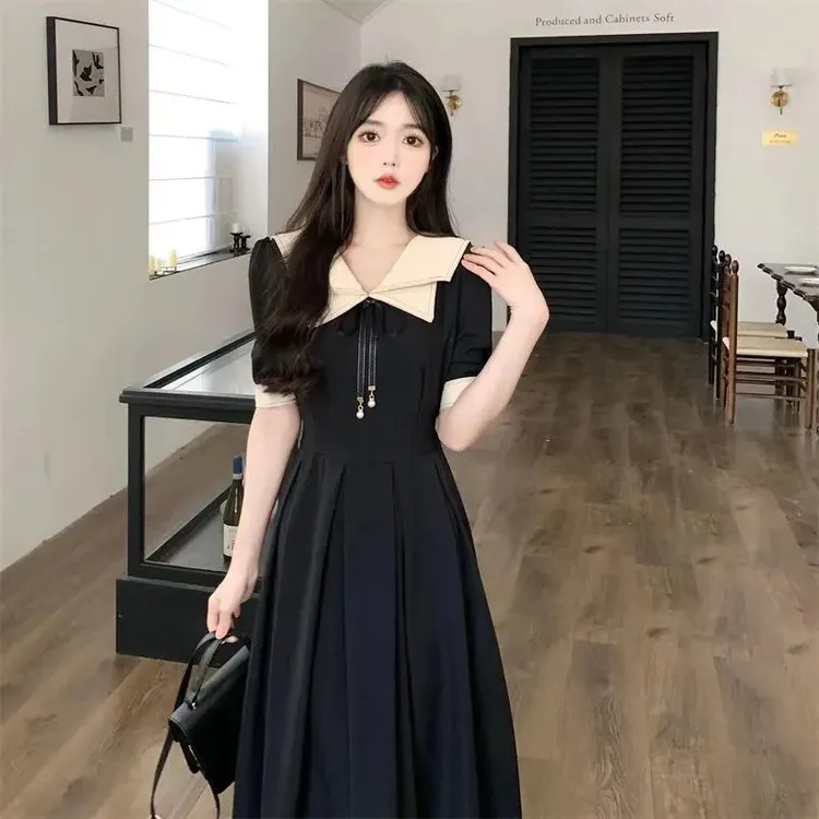 夏日新款法式学院风大码胖双层领收腰系带短袖中长字纯色蝴蝶