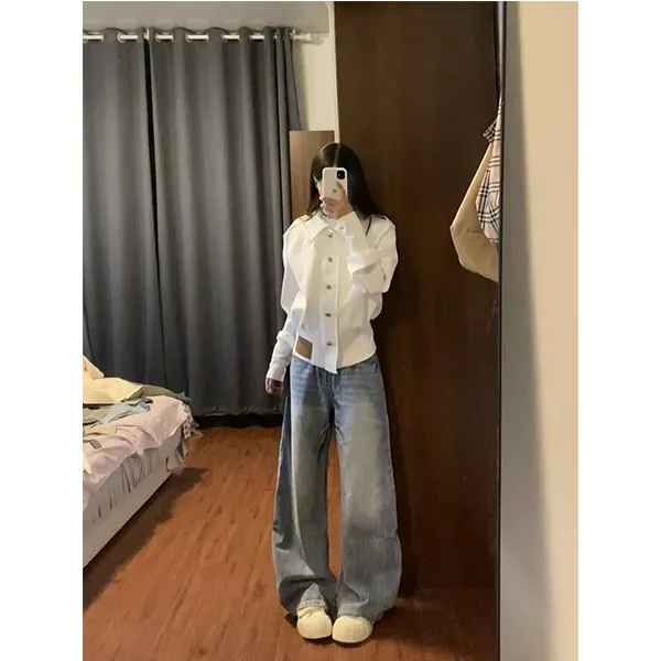 美式复古白色立领收腰短款外套女秋冬显瘦机车夹克上衣牛仔裤套装