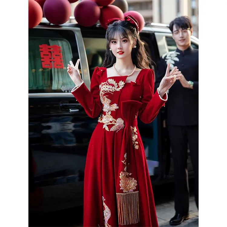 敬酒服新娘高级感2025订婚礼服红色结婚回门新中式连衣裙长袖秋冬