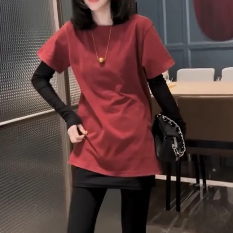 4893不规则T恤真两件叠穿中长款显瘦时尚休闲风纯色宽松长袖