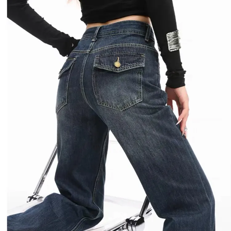 复古直筒牛仔裤女秋冬加厚设计感显瘦窄版阔腿长裤后翻盖口袋