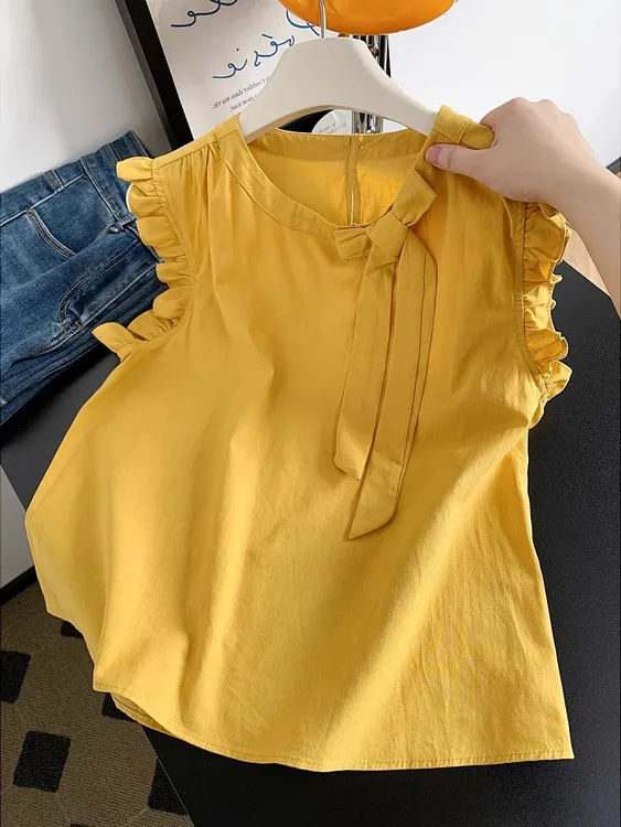 2025年夏季新款时尚圆领系带蝴蝶结无袖背心女木耳边宽松衬衫上衣