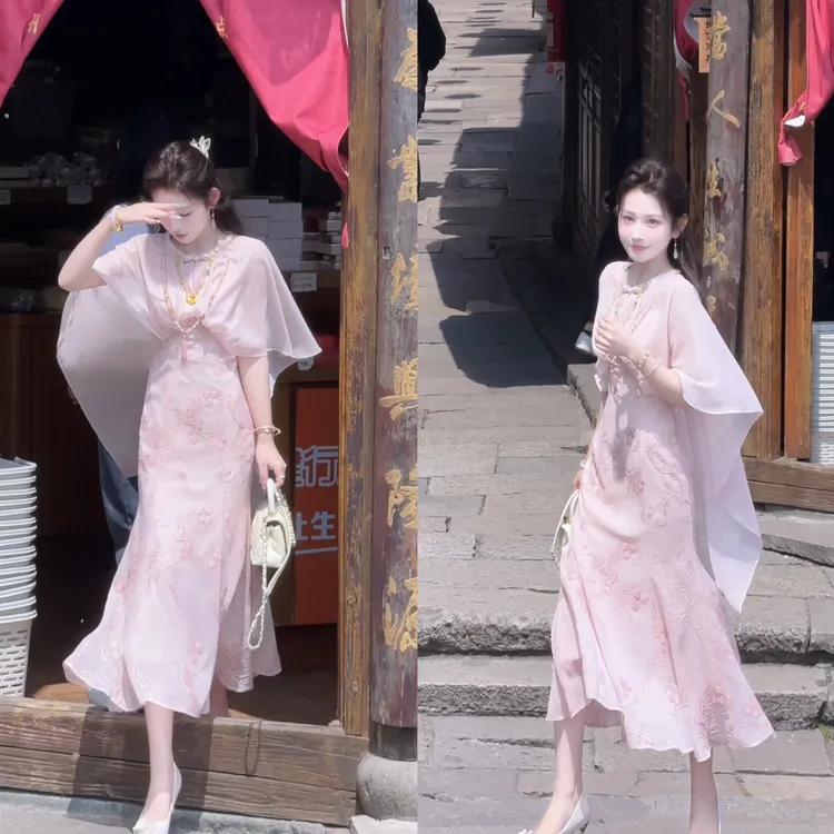 【婷婷】《花影•牡丹亭》楚王好细腰 粉色绣花连衣裙 TTH2SX180【Q】