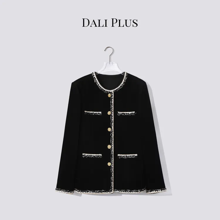 DALI PLUS“黑金坑条丝绒外套”100棉织带包边香风-D5SZ8160