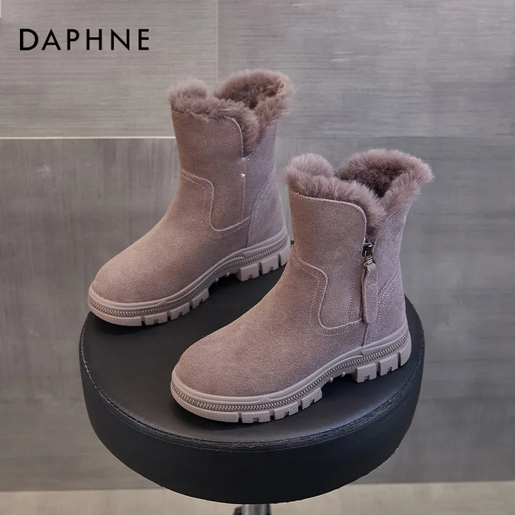 达芙妮雪地靴女款冬季女鞋厚底加绒加厚2025新款皮毛一体东北棉鞋