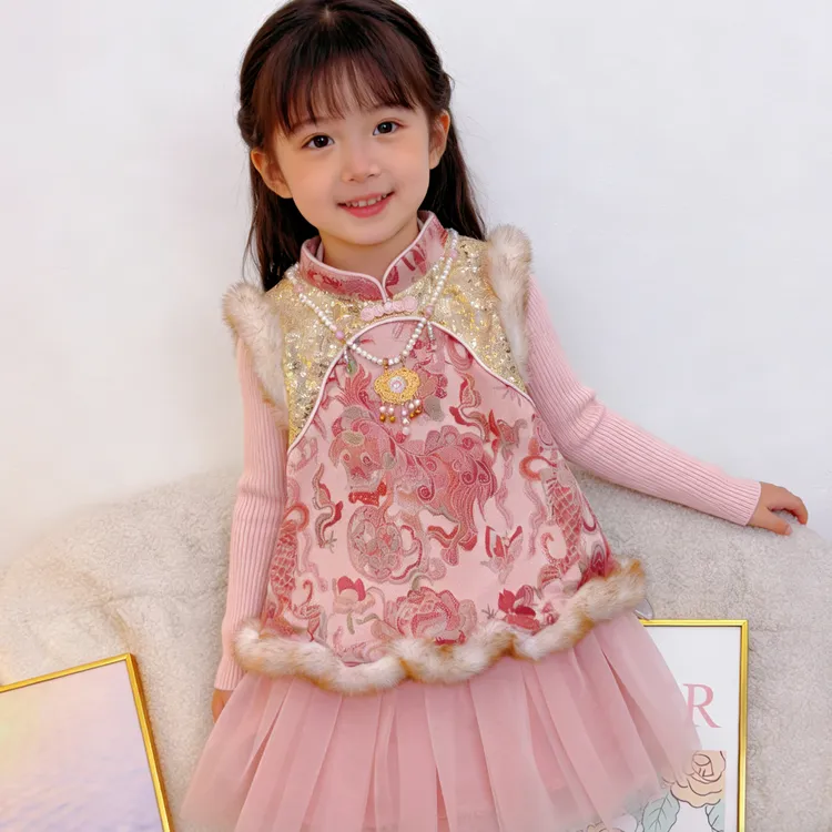 连衣裙宝宝女童礼服冬季女吊带裙/背心裙中国风秋冬拜年服加绒