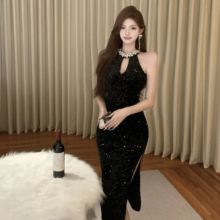 潮牌款晚礼服宴会高贵优雅性感重工镶钻挂脖镂空亮片修身中长裙子