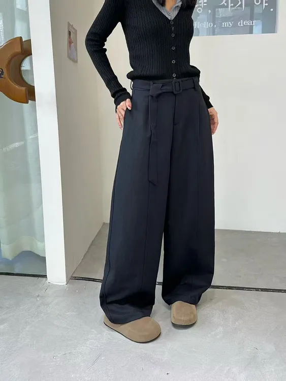 直筒裤高腰秋季秋冬时尚工装裤休闲裤黑色阔腿裤宽松腰带纯色毛呢