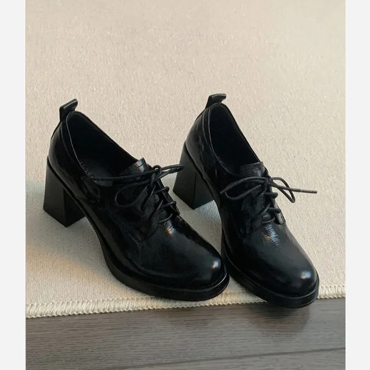 羊皮版~增高厚底小皮鞋女英伦风系带单鞋子黑色通勤高跟乐福鞋子