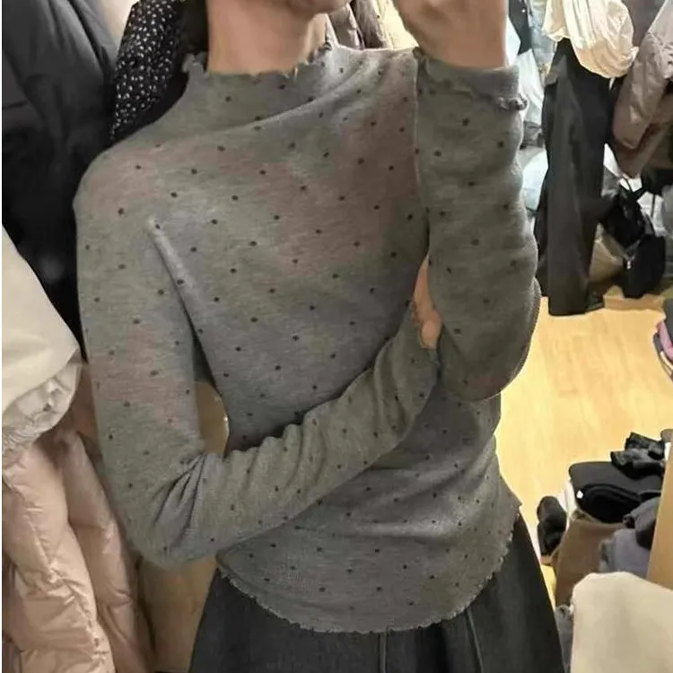 小香风内搭灰色波点针织衫女初秋短款修身毛衣打底木耳边长袖上衣
