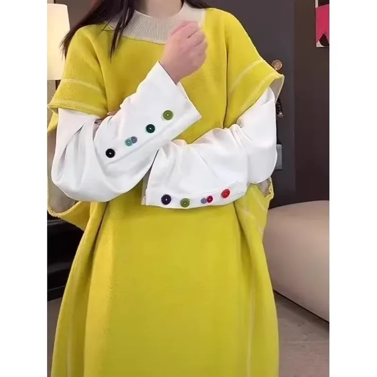 黄色宽松马甲T恤女春秋季欧货大版两面穿洋气独特超好看超火上衣